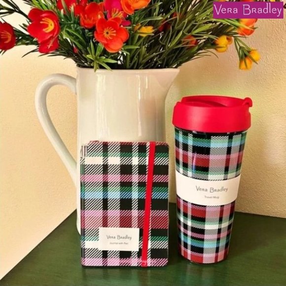 VERA BRADLEY Ribbons Plaid Travel Coffee Mug, Journal & Pen 3 Pc Gift Set - NWT - Picture 2 of 13